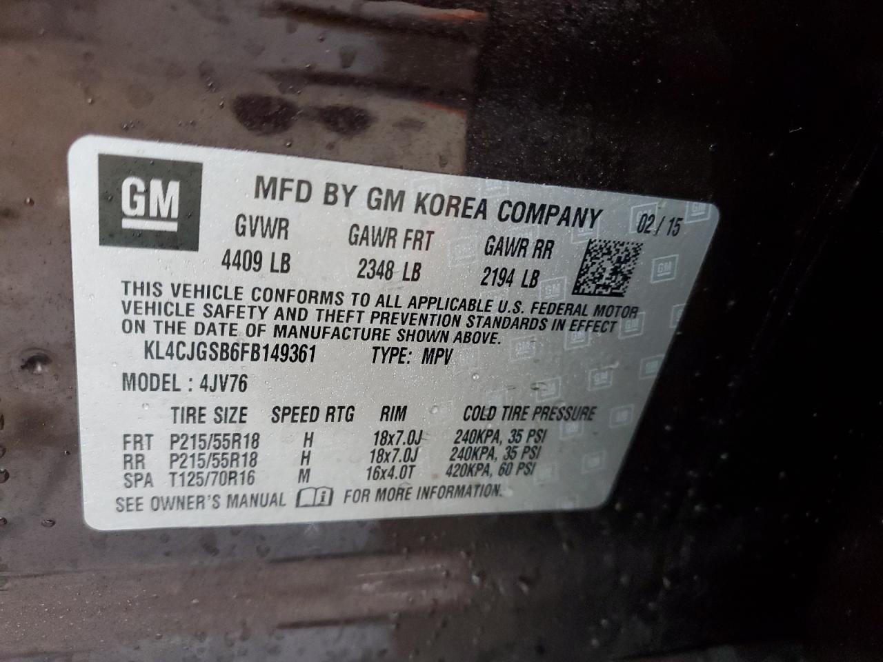 2015 Buick Encore VIN KL4CJGSB6FB149361 Copart auction photo, front end damage thumbnail 14