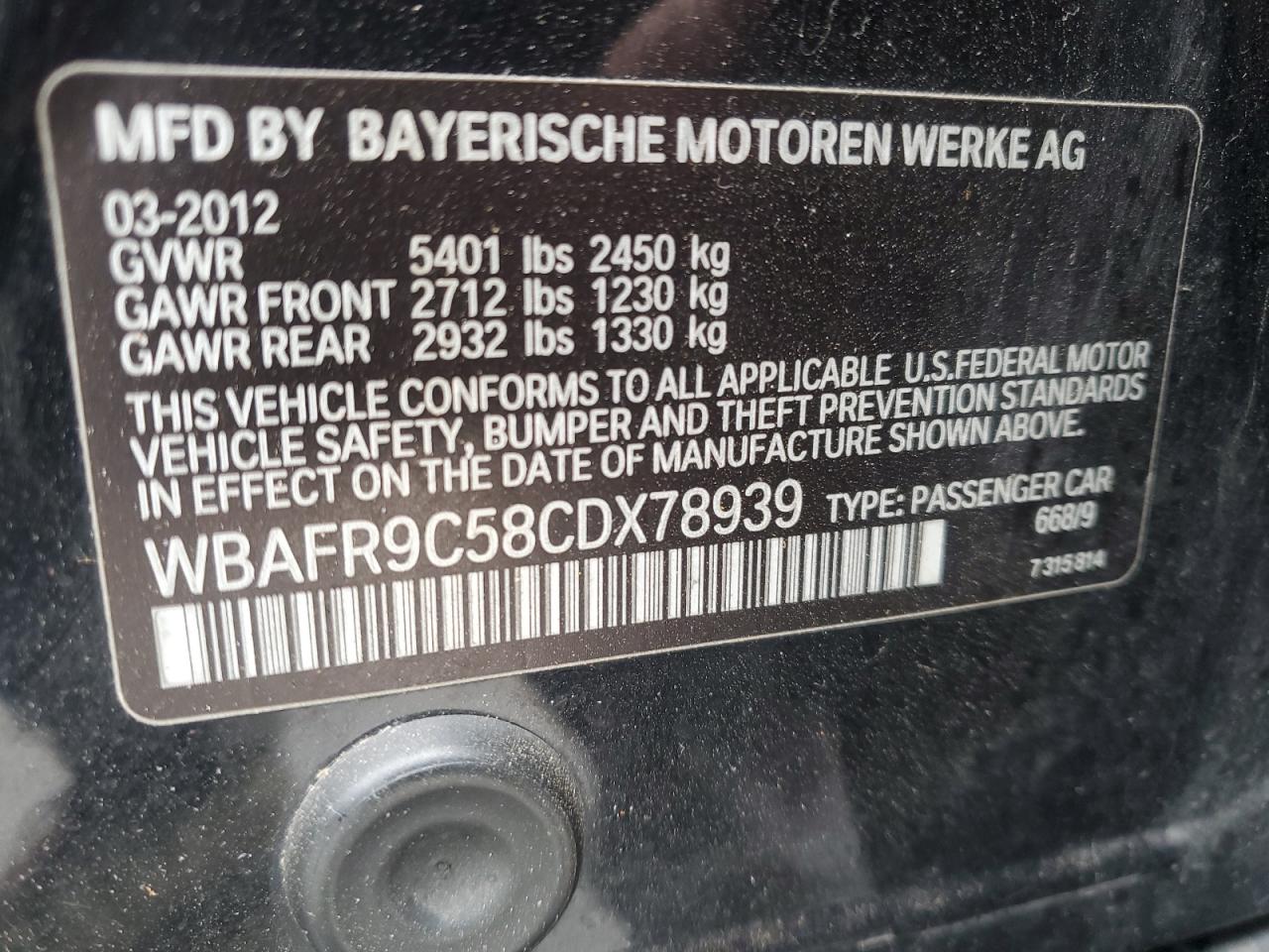 2012 BMW 5er VIN WBAFR9C58CDX78939 Copart auction photo, normal wear damage thumbnail 12