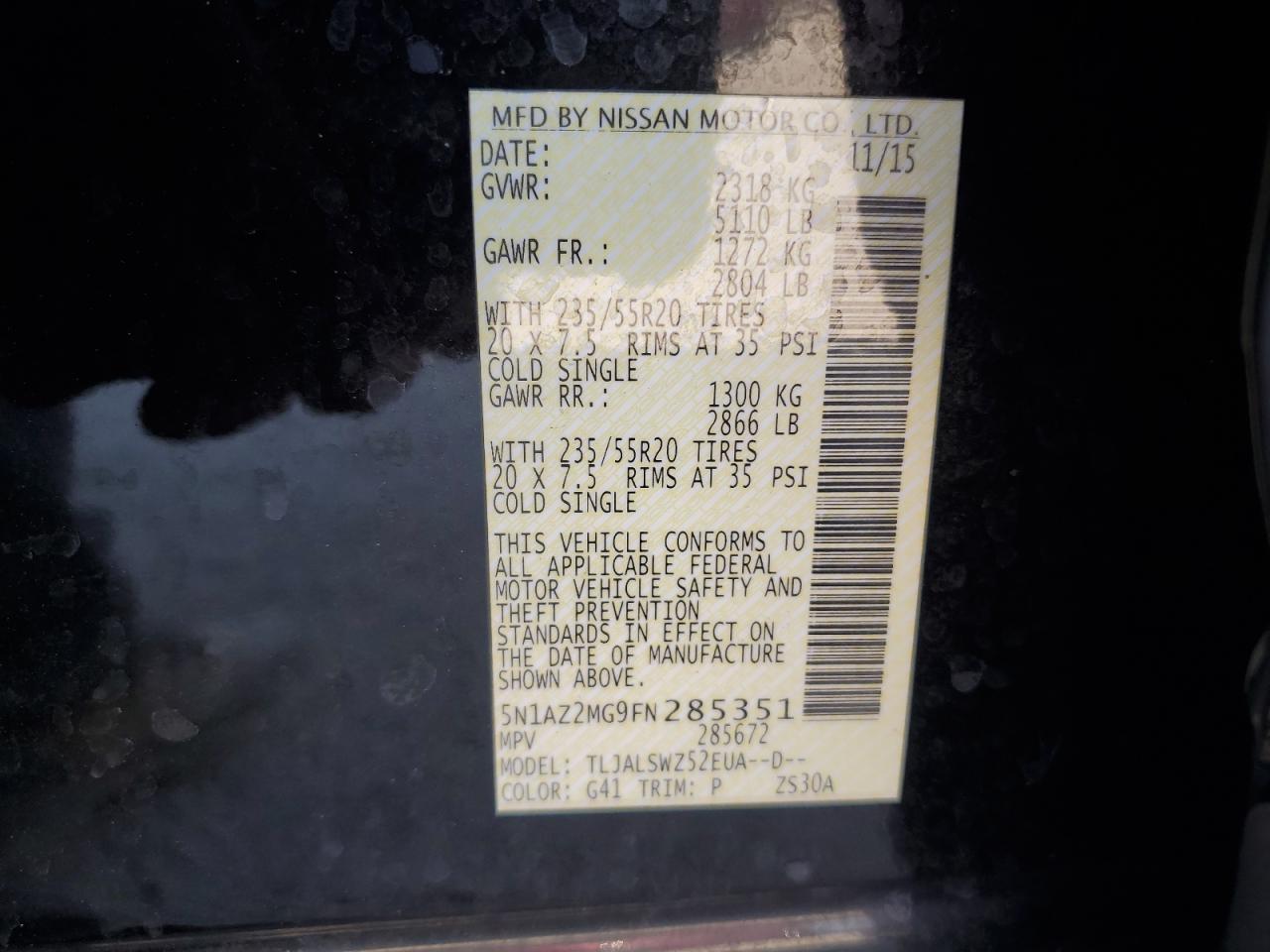 2015 Nissan Murano VIN 5N1AZ2MG9FN285351 Copart auction photo, front end damage thumbnail 14