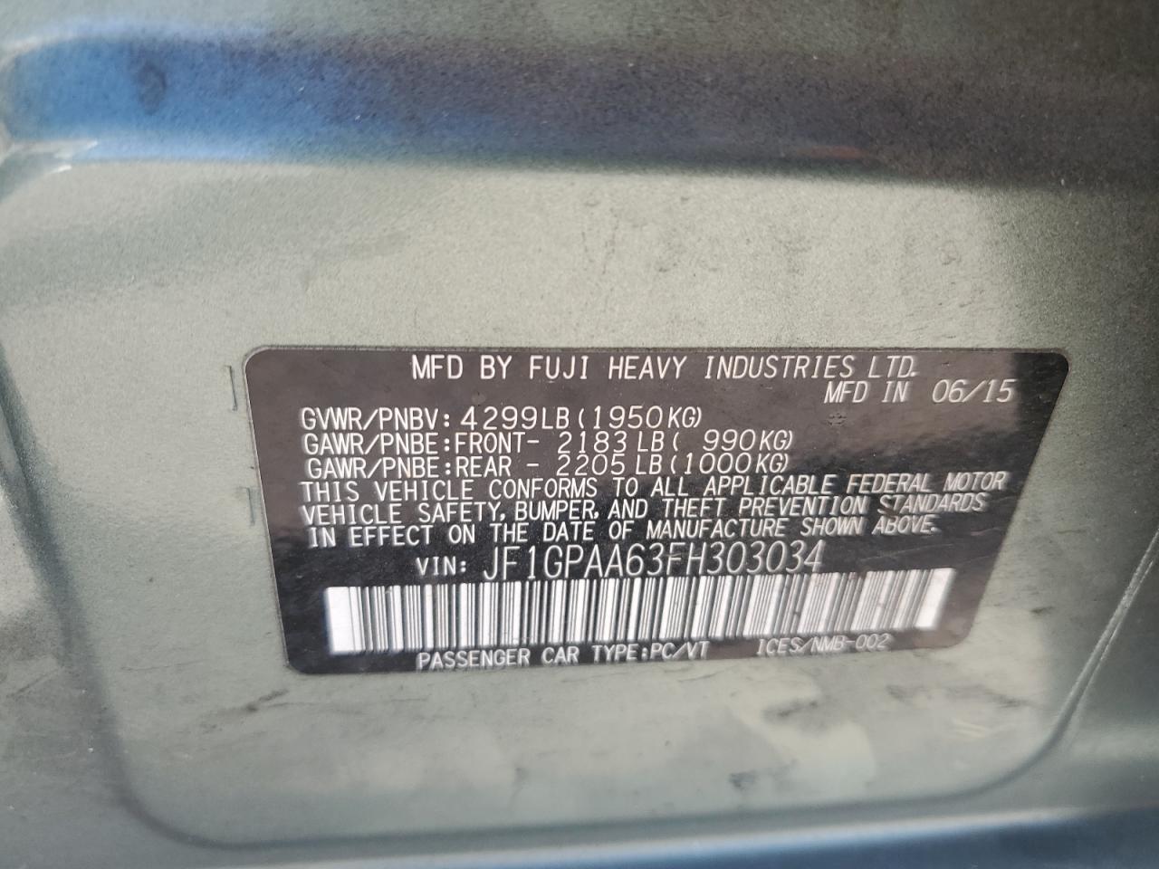 2015 Subaru Impreza VIN JF1GPAA63FH303034 Copart auction photo, front end / rear end damage thumbnail 13