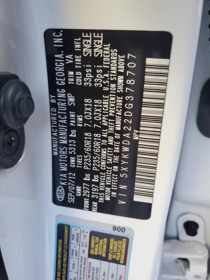 2013 KIA Sorento VIN 5XYKWDA22DG378707 Copart auction photo, front end damage thumbnail 12