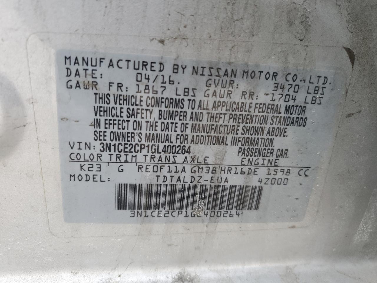 2016 Nissan Versa VIN 3N1CE2CP1GL400264 Copart auction photo, rear end damage thumbnail 12