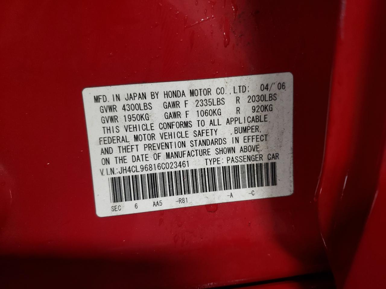 2006 Acura TSX VIN JH4CL96816C023461 Copart auction photo, side damage thumbnail 12