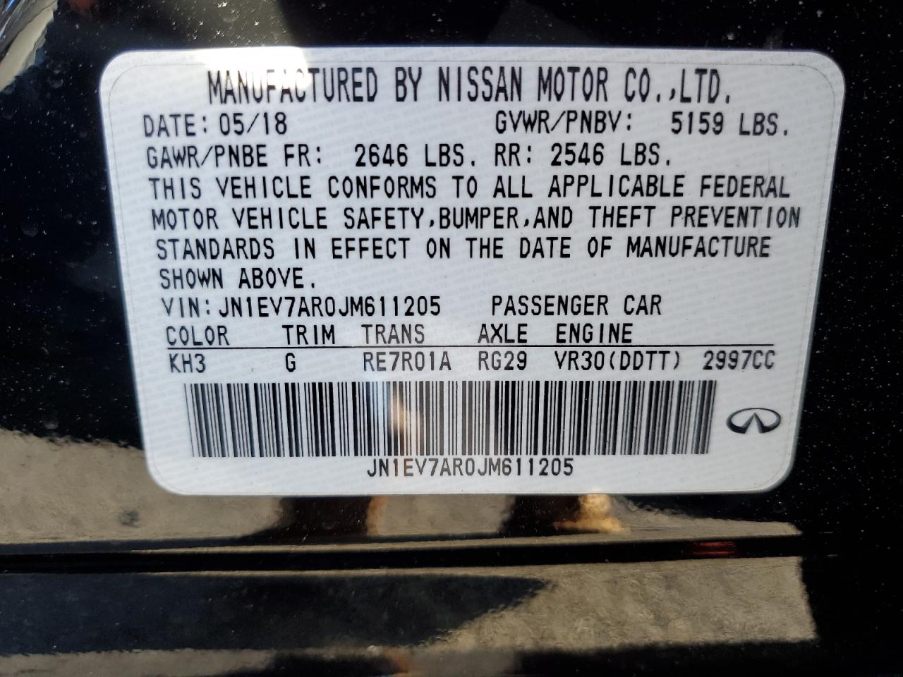 2018 Infiniti Q50 VIN JN1EV7AR0JM611205 Copart auction photo, rear end / front end damage thumbnail 14
