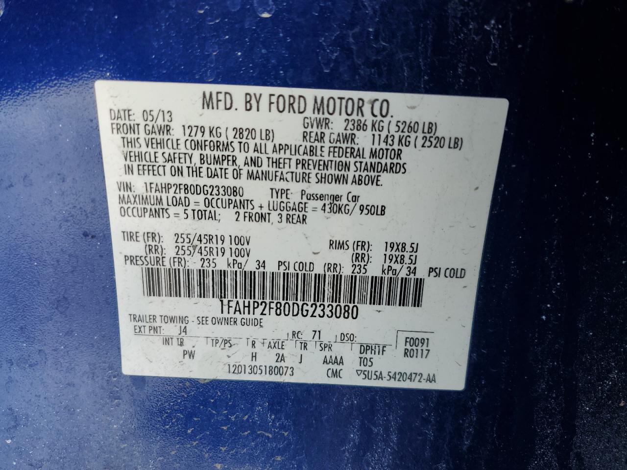 2013 Ford Taurus VIN 1FAHP2F80DG233080 Copart auction photo, mechanical damage thumbnail 14