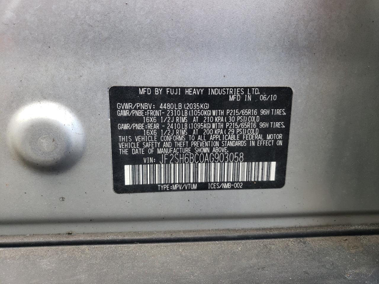 2010 Subaru Forester VIN JF2SH6BC0AG903058 Copart auction photo, side / undercarriage damage thumbnail 13