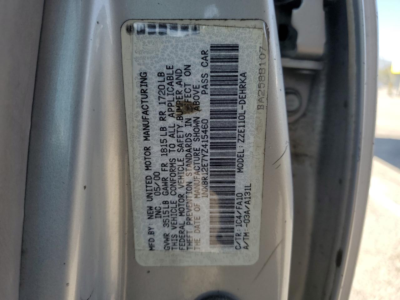2000 Toyota Corolla VIN 1NXBR12E7YZ415460 Copart auction photo, side / rear end damage thumbnail 12