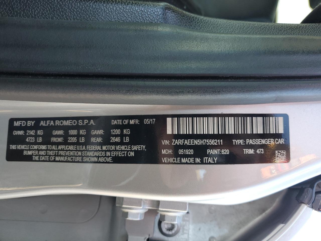 2017 Alfa Romeo Giulia VIN ZARFAEEN5H7556211 Copart auction photo, front end / undercarriage damage thumbnail 14