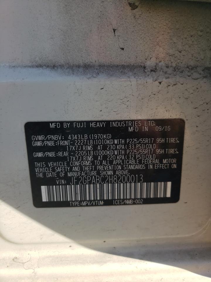 2017 Subaru XV VIN JF2GPABC2H8200013 Copart auction photo, front end / side damage thumbnail 13