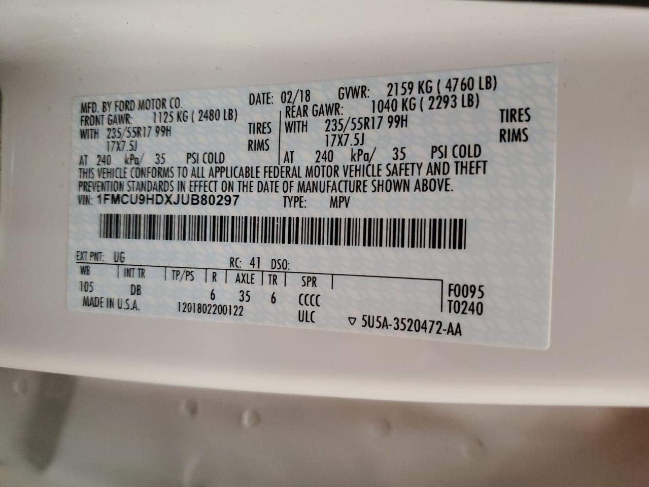 2018 Ford Escape VIN 1FMCU9HDXJUB80297 Copart auction photo, front end damage thumbnail 15