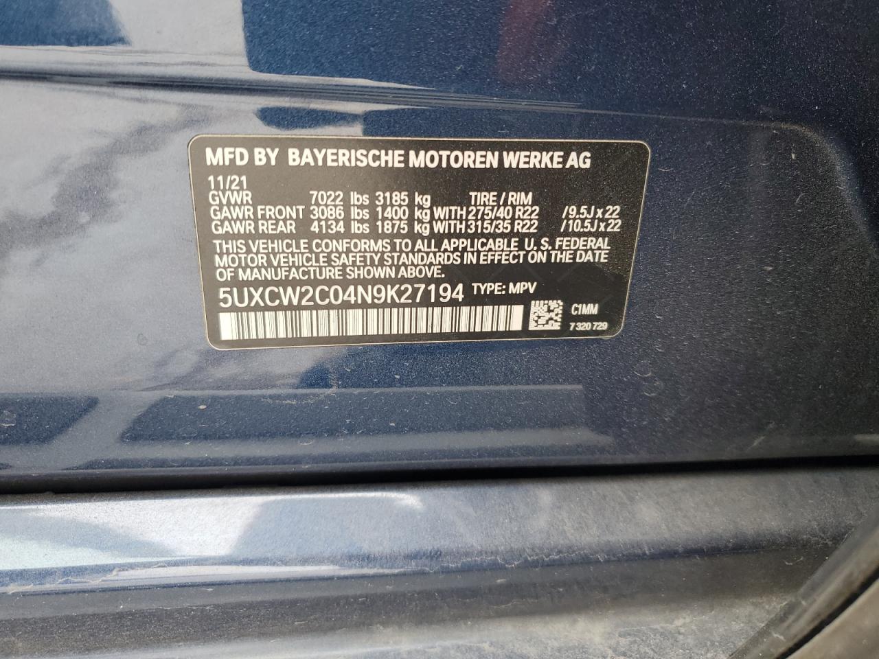 2022 BMW X7 VIN 5UXCW2C04N9K27194 Copart auction photo, front end damage thumbnail 13