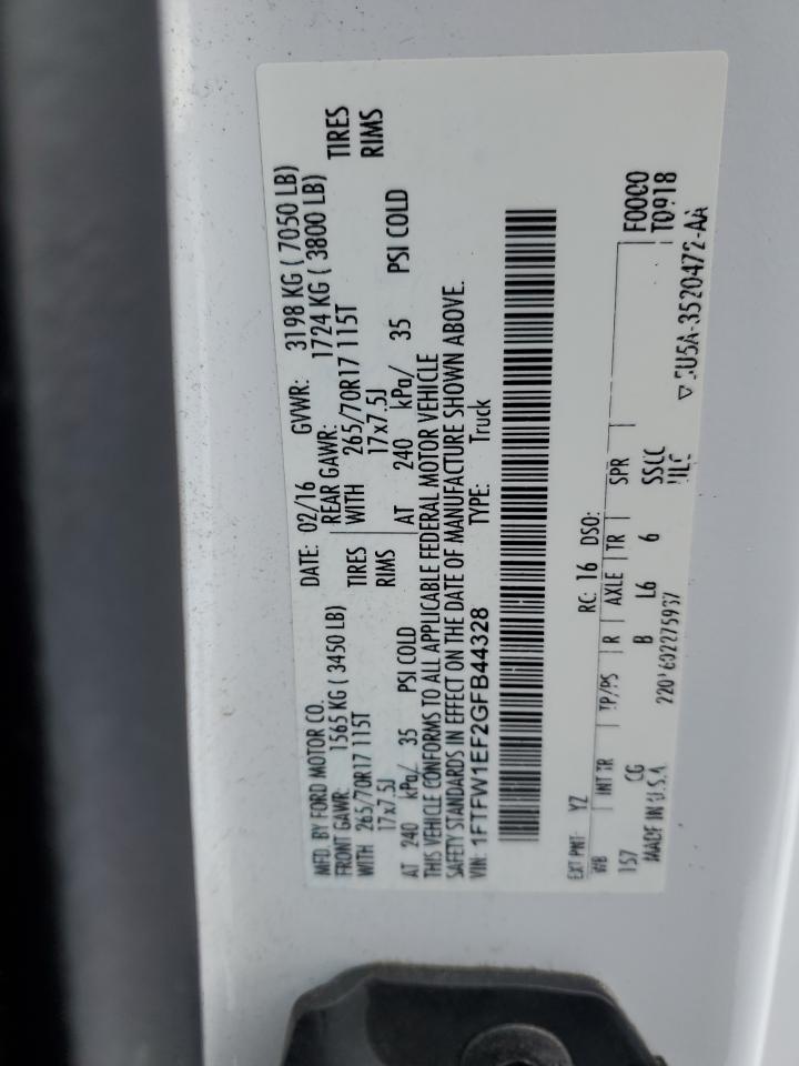 2016 Ford F-150 VIN 1FTFW1EF2GFB44328 Copart auction photo, front end damage thumbnail 14
