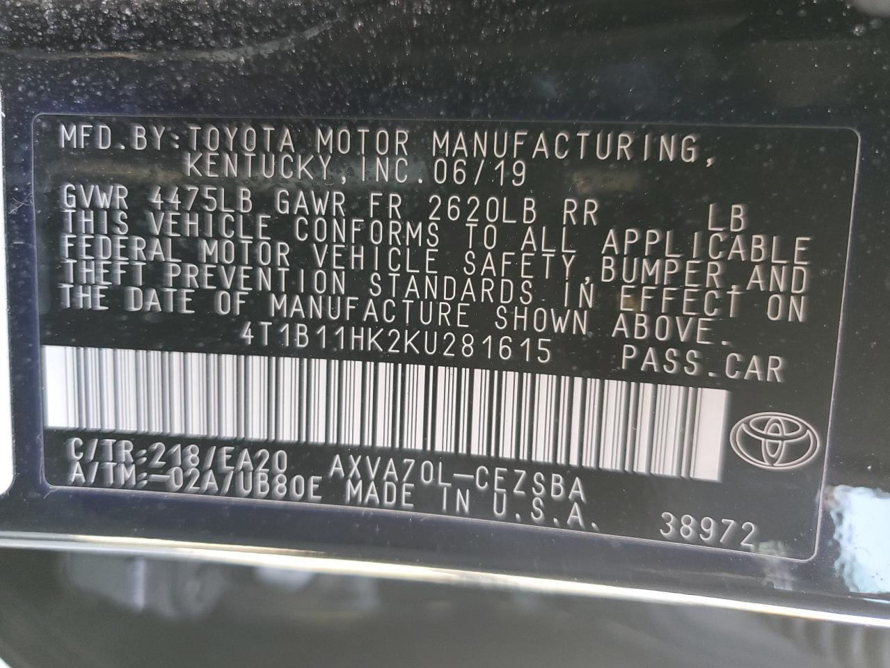 2019 Toyota Camry VIN 4T1B11HK2KU281615 Copart auction photo, minor dent/scratches damage thumbnail 12