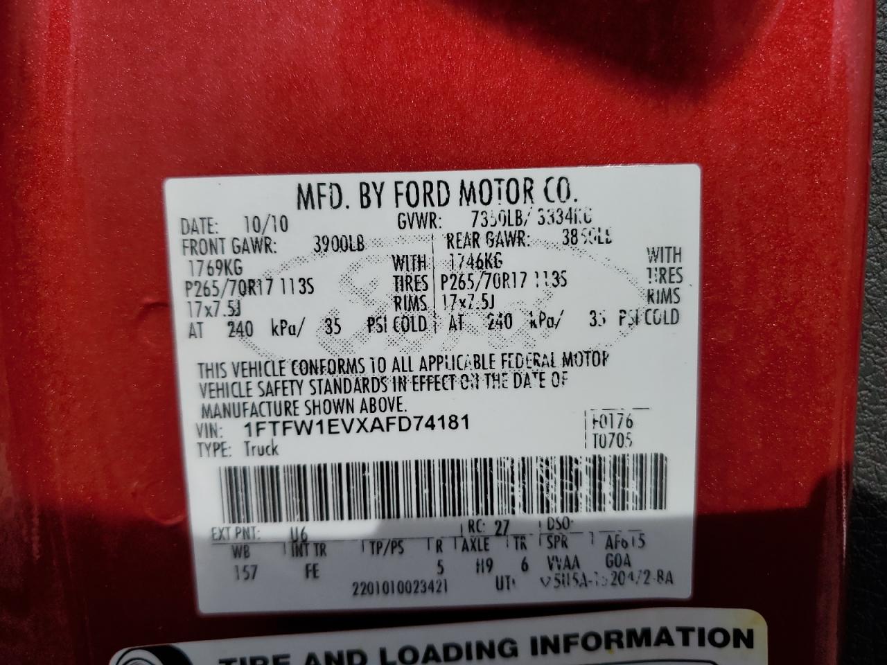 2010 Ford F-150 VIN 1FTFW1EVXAFD74181 Copart auction photo, front end damage thumbnail 15