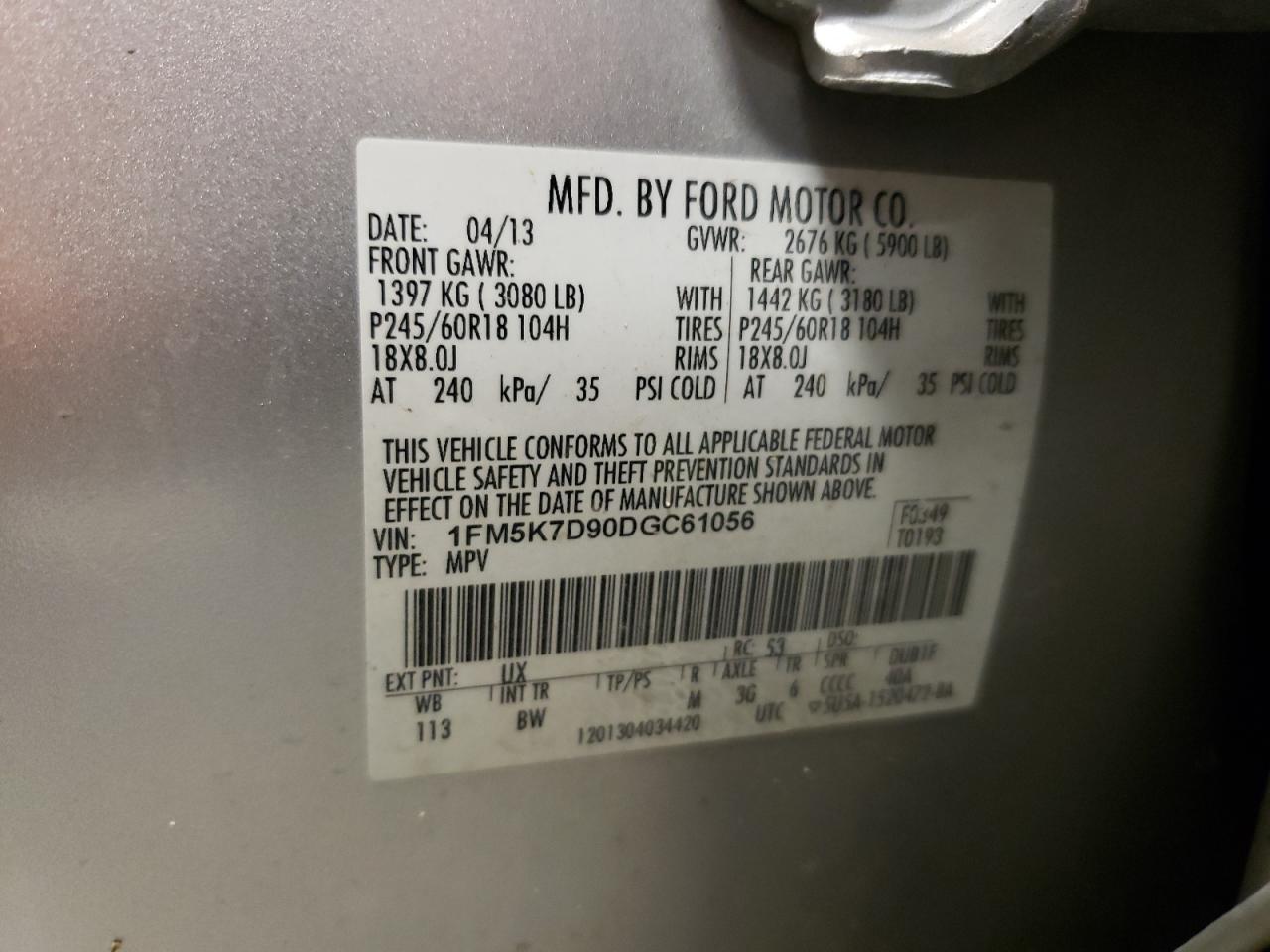 2013 Ford Explorer VIN 1FM5K7D90DGC61056 Copart auction photo, water/flood / minor dent/scratches damage thumbnail 13