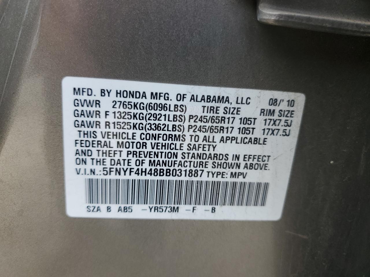 2011 Honda Pilot VIN 5FNYF4H48BB031887 Copart auction photo, front end / rear end damage thumbnail 13