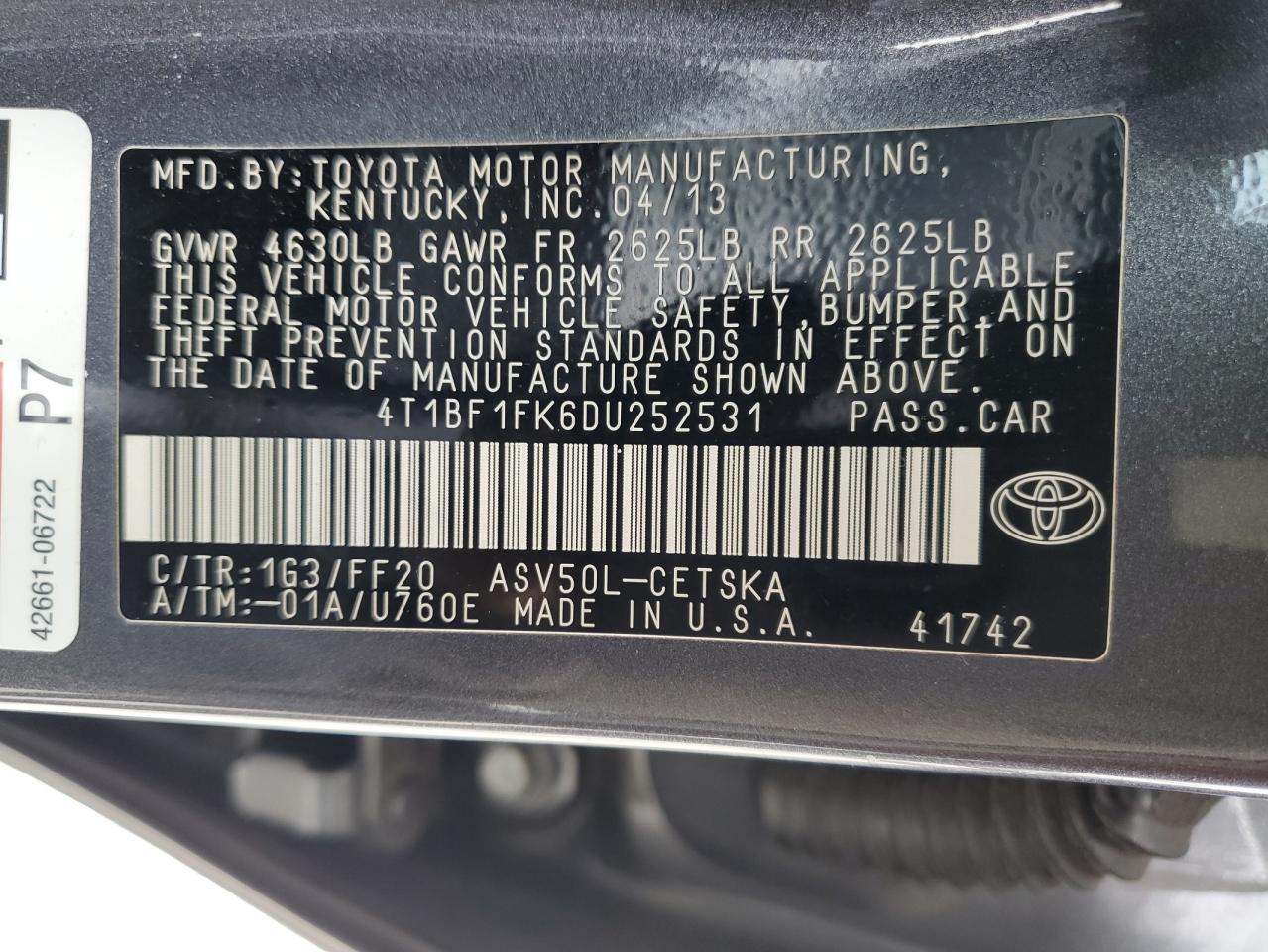 2013 Toyota Camry VIN 4T1BF1FK6DU252531 Copart auction photo, rear end damage thumbnail 12