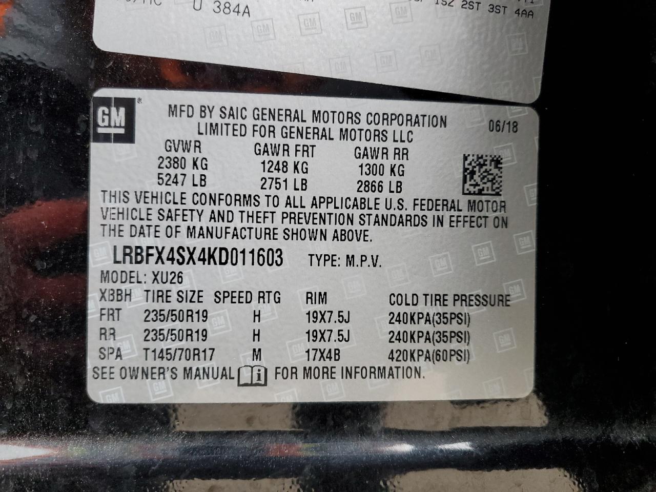 2019 Buick Envision VIN LRBFX4SX4KD011603 Copart auction photo, front end / side damage thumbnail 13
