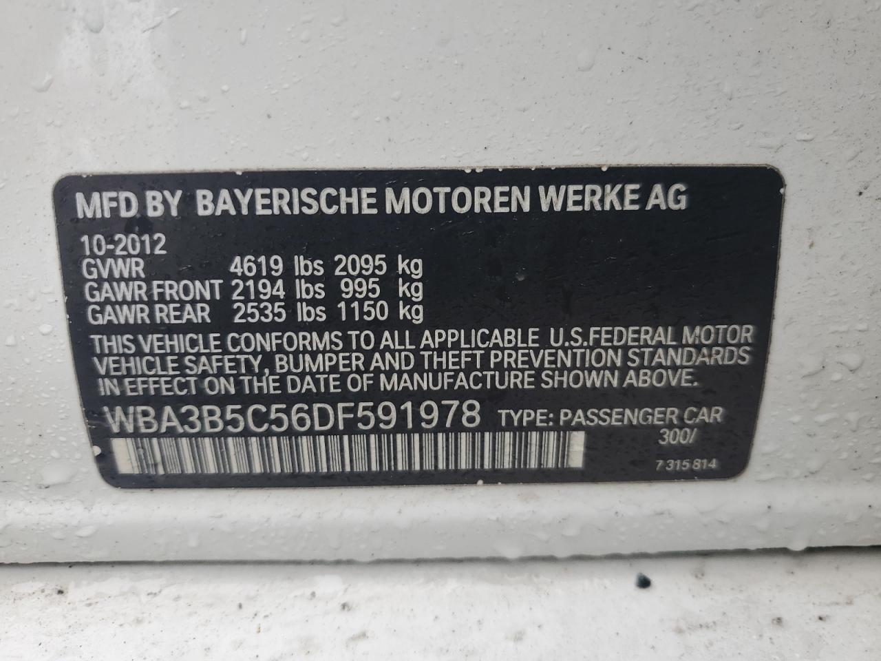 2013 BMW 3er VIN WBA3B5C56DF591978 Copart auction photo, front end damage thumbnail 12