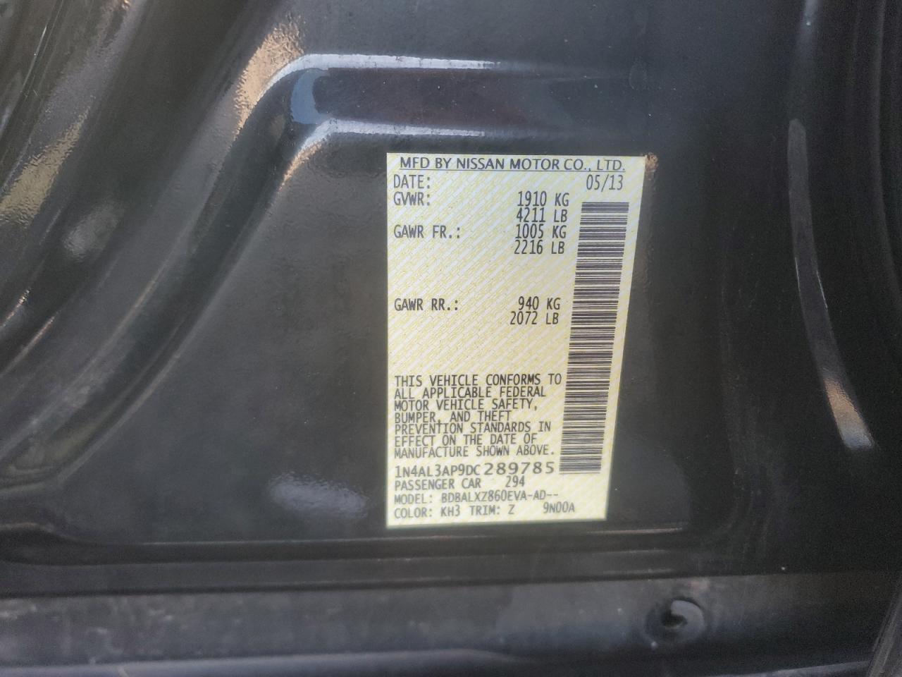 2013 Nissan Altima VIN 1N4AL3AP9DC289785 Copart auction photo, front end damage thumbnail 13