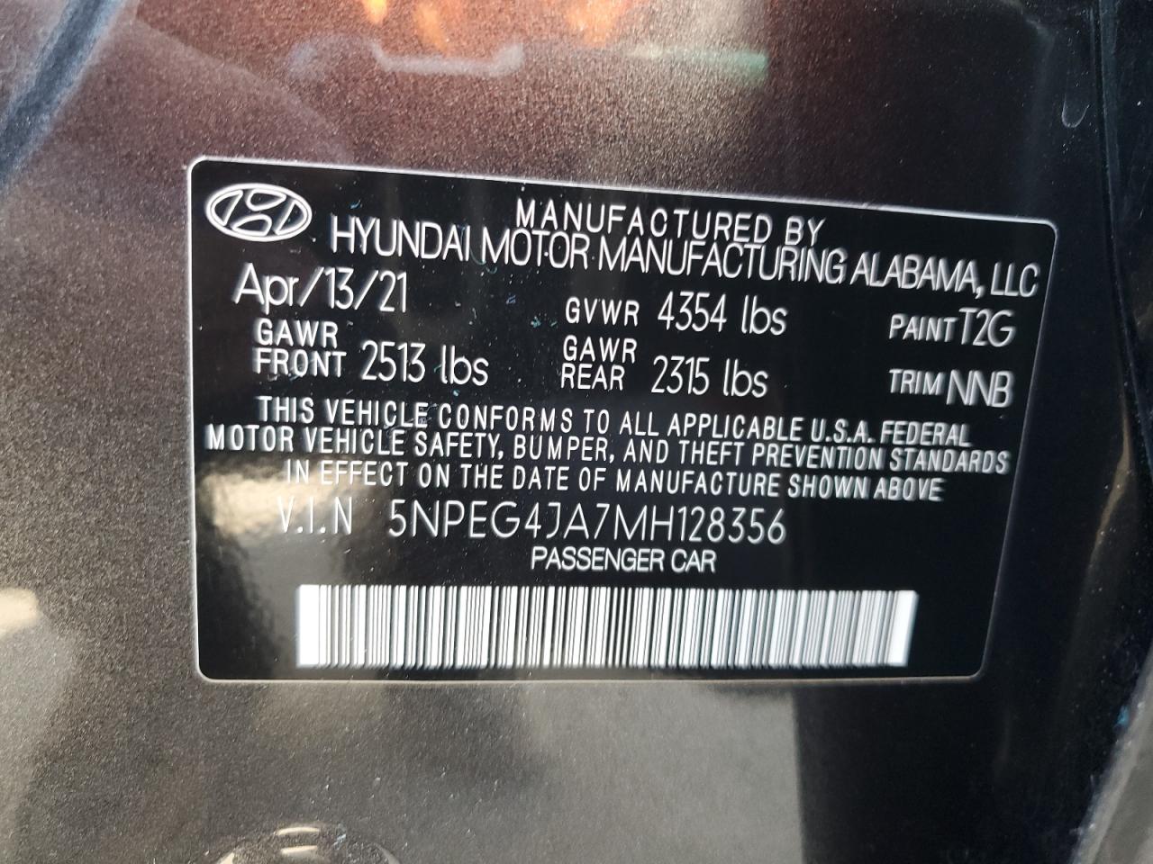 2021 Hyundai Sonata VIN 5NPEG4JA7MH128356 Copart auction photo, side / normal wear damage thumbnail 12
