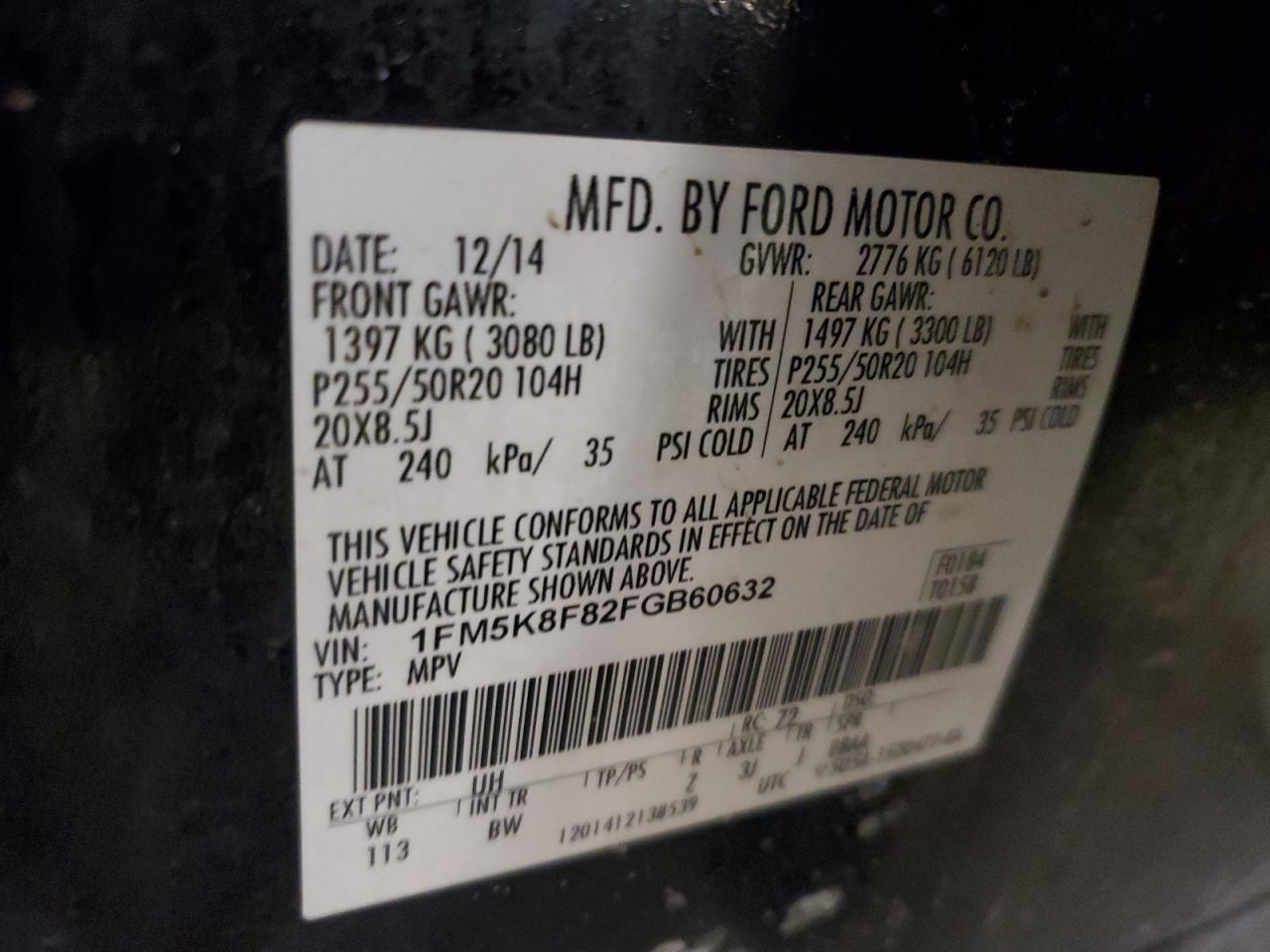 2015 Ford Explorer VIN 1FM5K8F82FGB60632 Copart auction photo, front end / rear end damage thumbnail 13