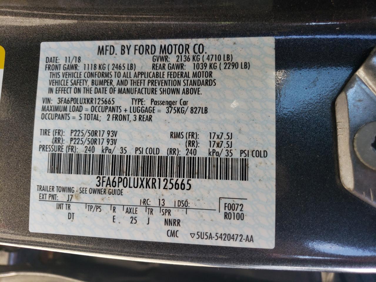 2019 Ford Fusion VIN 3FA6P0LUXKR125665 Copart auction photo, side damage thumbnail 13