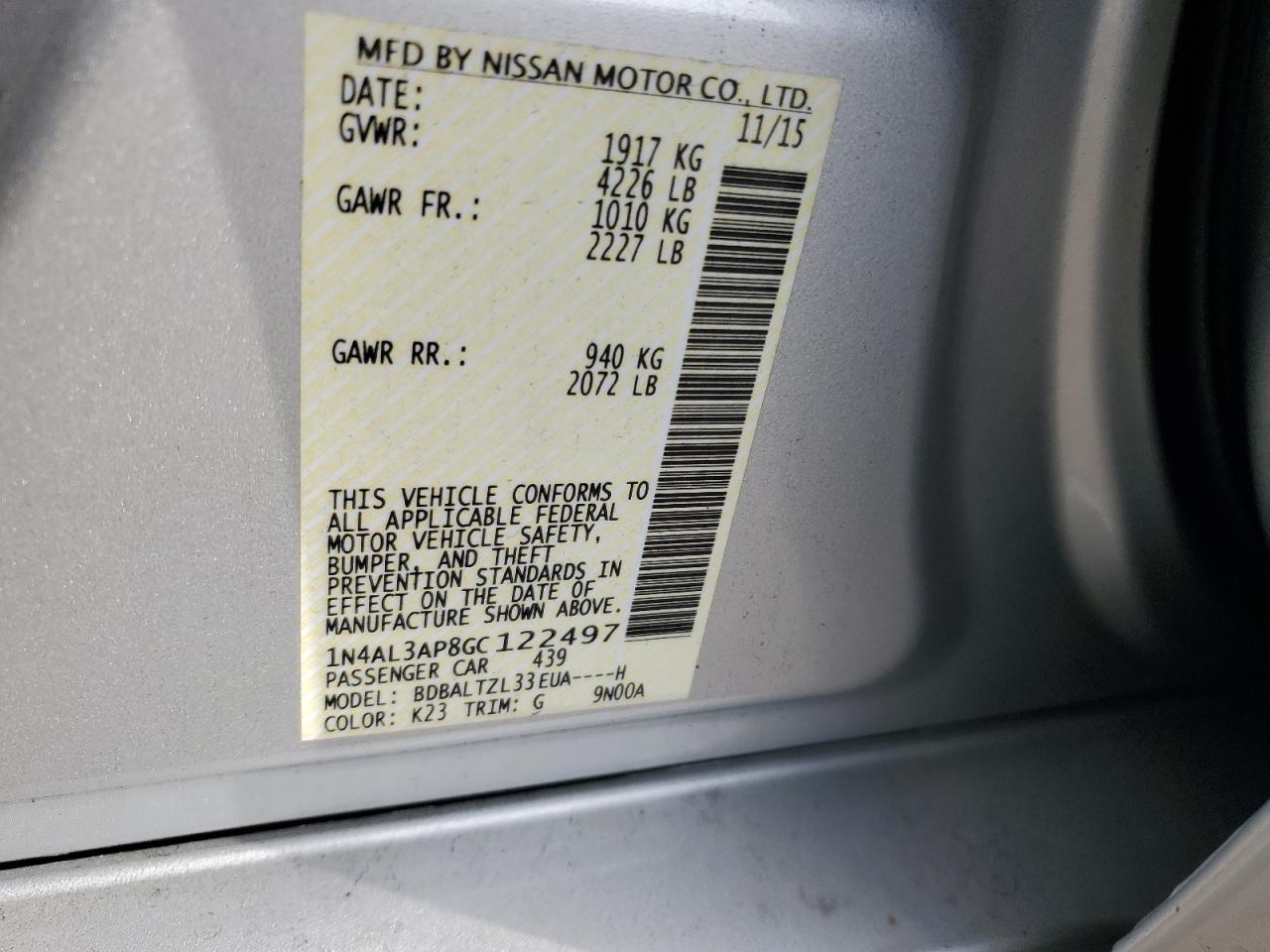 2016 Nissan Altima VIN 1N4AL3AP8GC122497 Copart auction photo, front end damage thumbnail 12