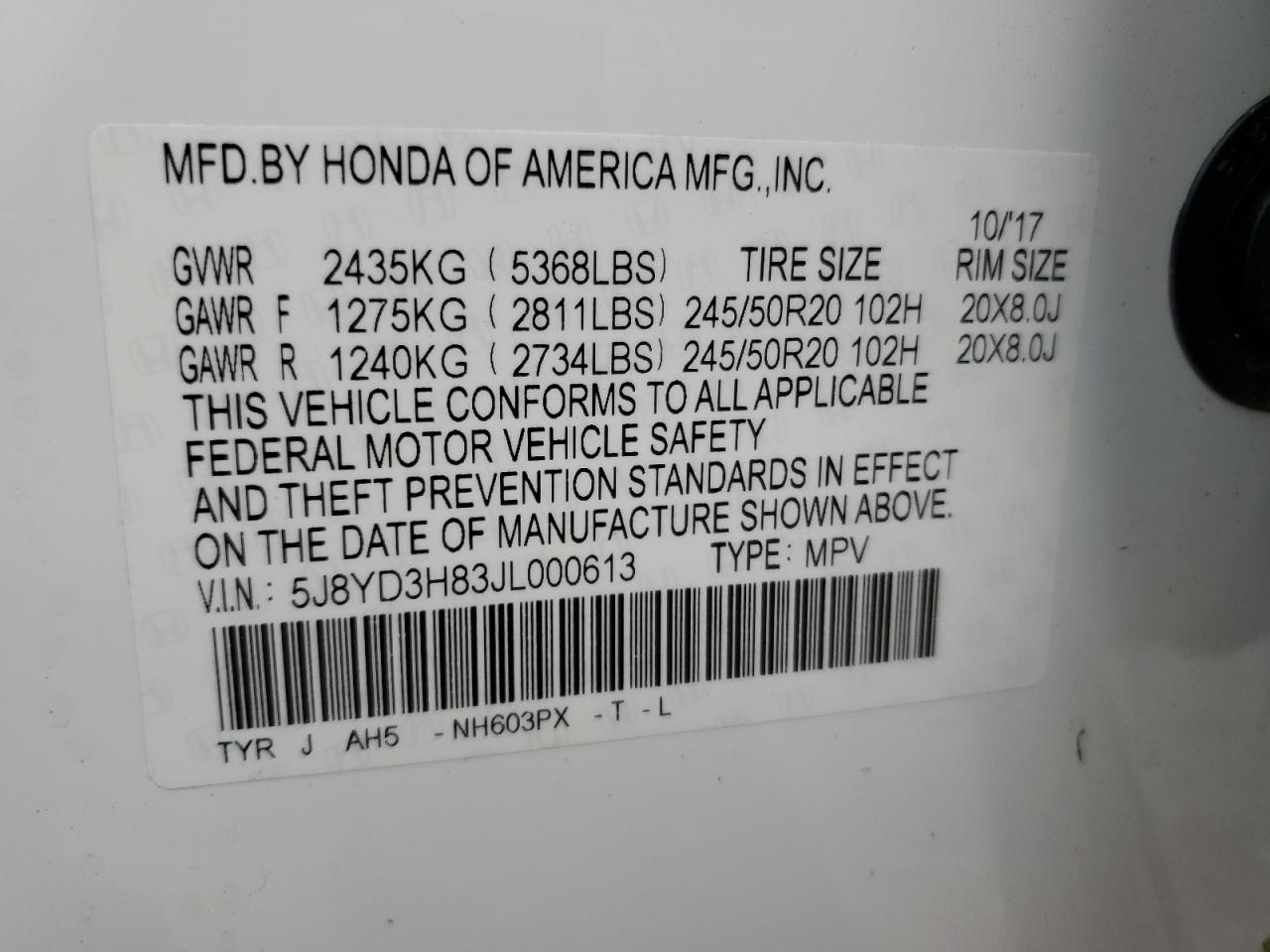 2018 Acura MDX VIN 5J8YD3H83JL000613 Copart auction photo, water/flood damage thumbnail 14