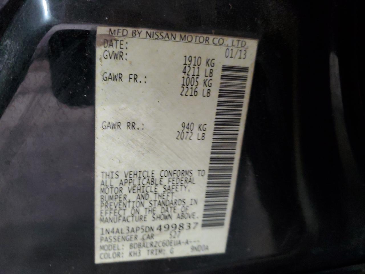 2013 Nissan Altima VIN 1N4AL3AP5DN499837 Copart auction photo, rear end / side damage thumbnail 14