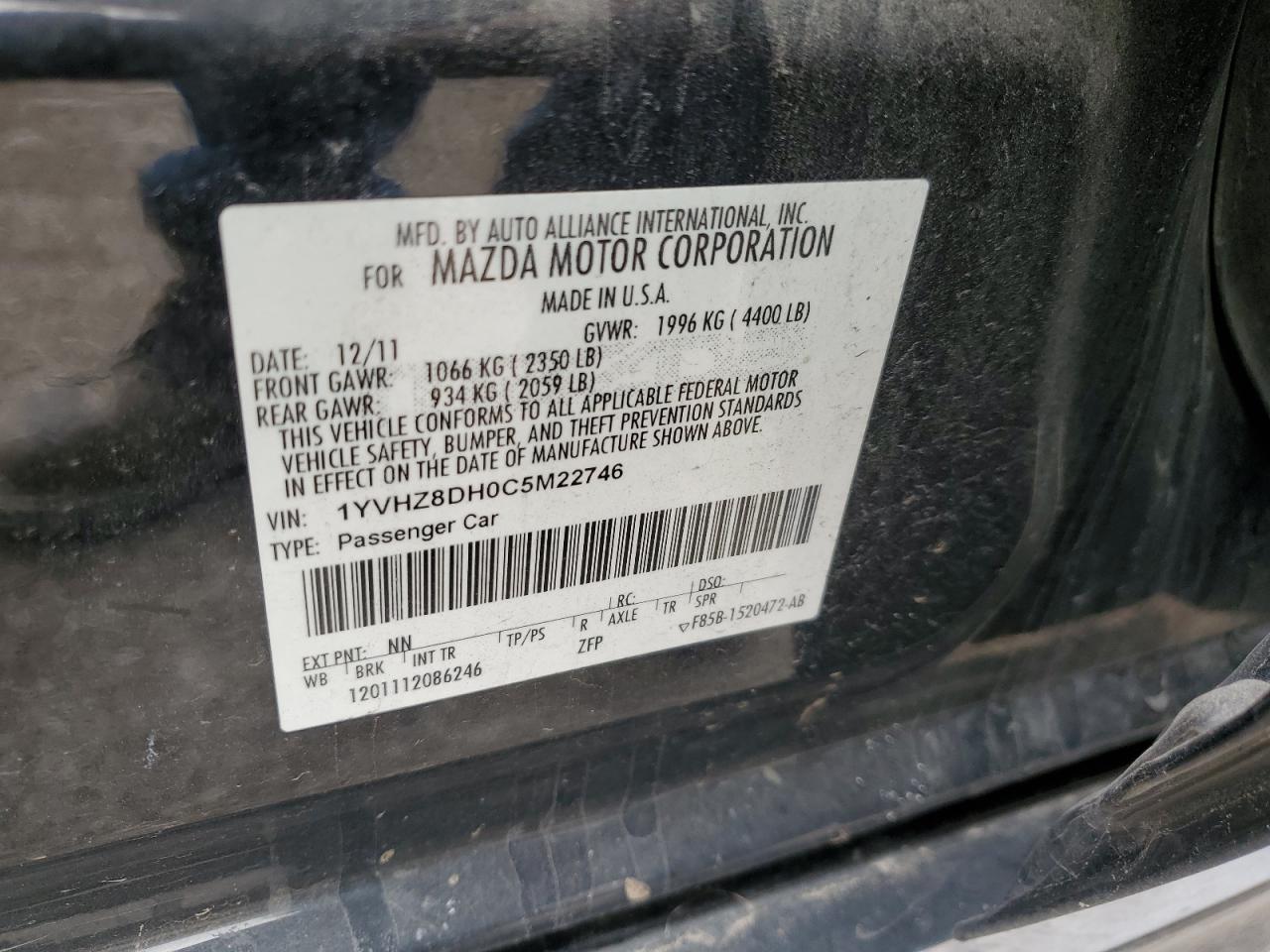 2012 Mazda 6 VIN 1YVHZ8DH0C5M22746 Copart auction photo, front end / rear end damage thumbnail 12