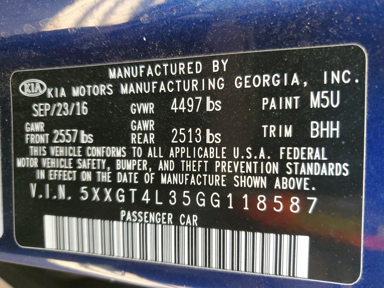 2016 KIA Optima VIN 5XXGT4L35GG118587 Copart auction photo, mechanical / front end damage thumbnail 12