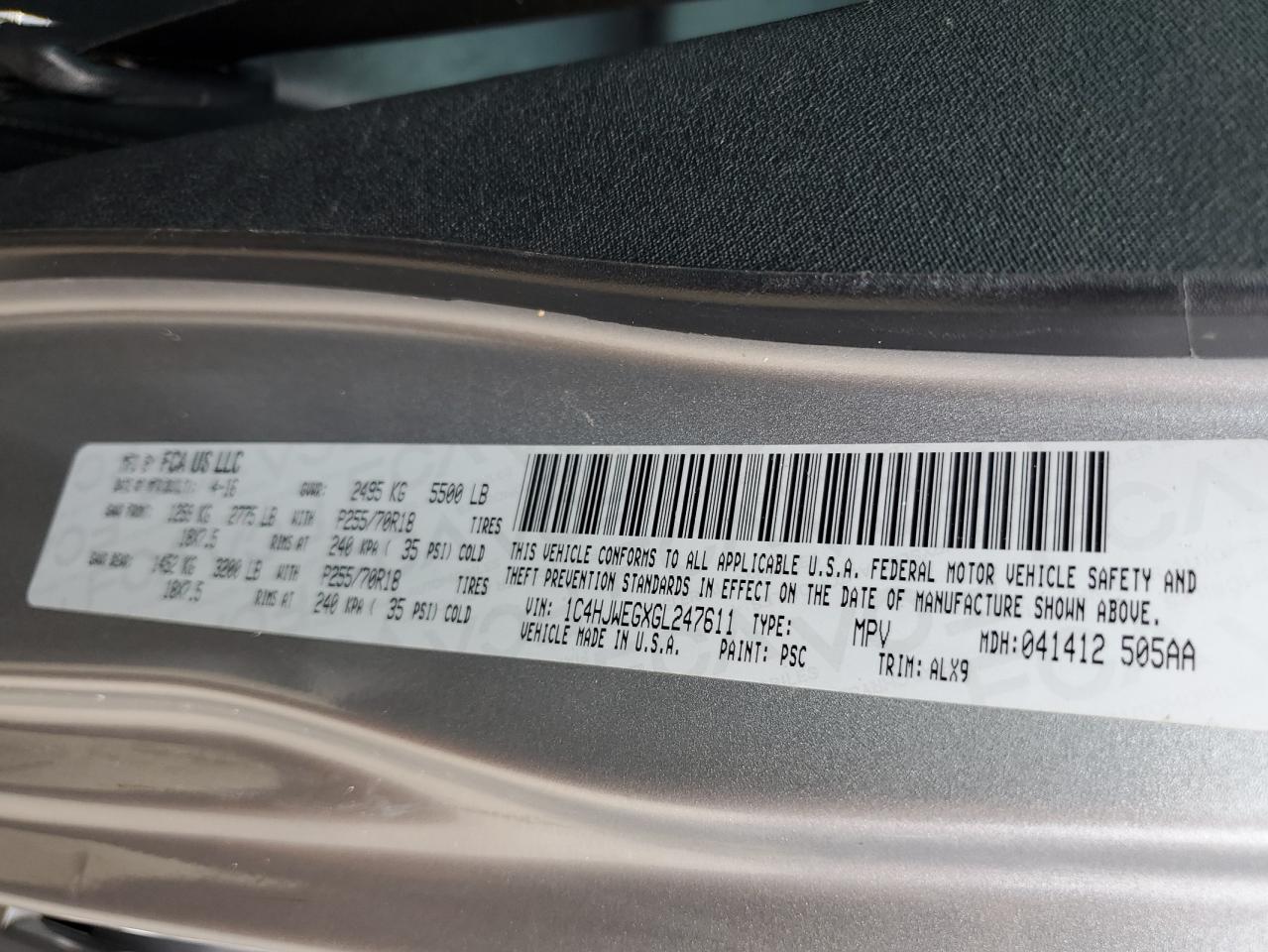 2016 Jeep Wrangler VIN 1C4HJWEGXGL247611 Copart auction photo, rollover damage thumbnail 14