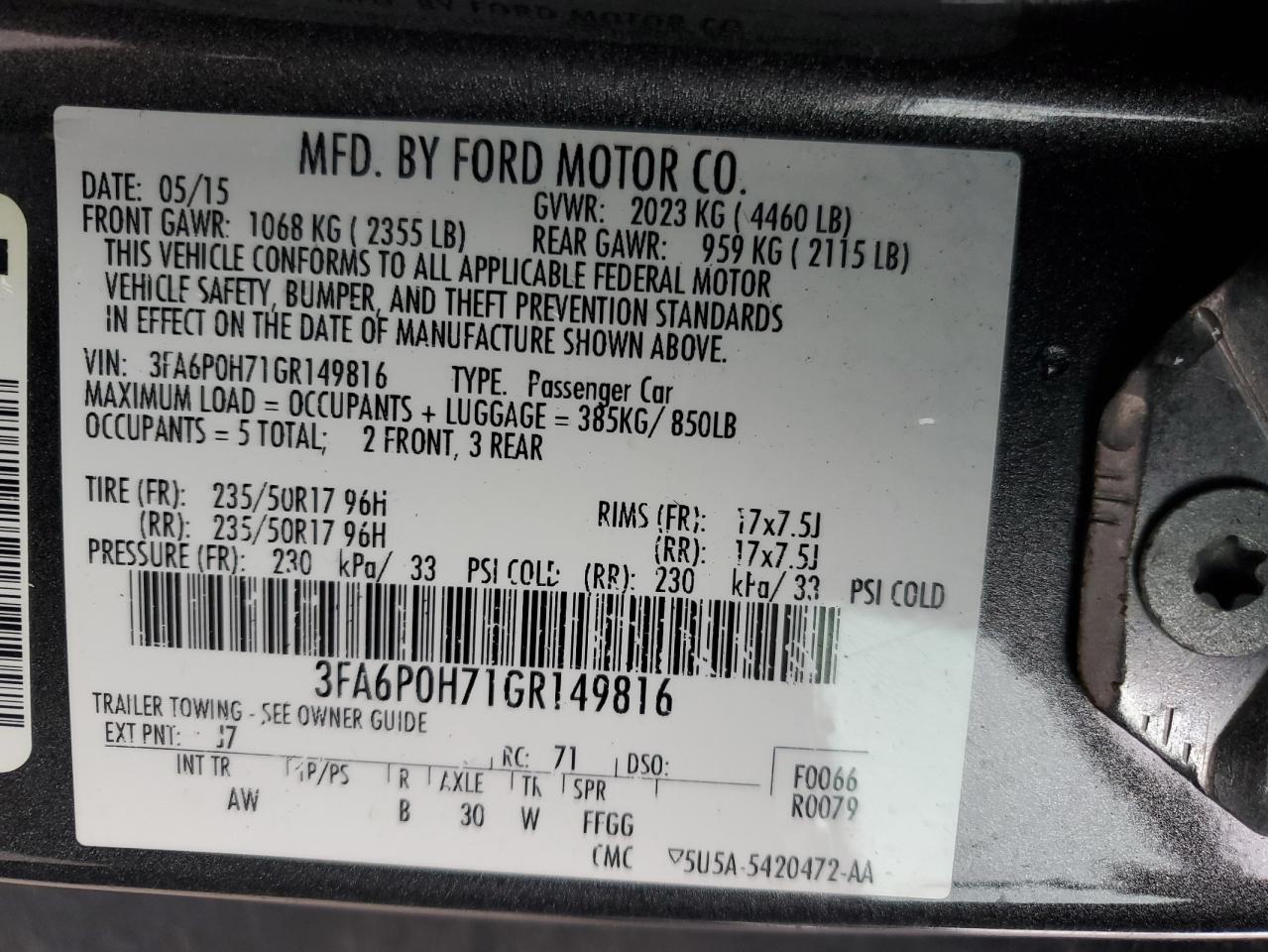 2016 Ford Fusion VIN 3FA6P0H71GR149816 Copart auction photo, front end damage thumbnail 14