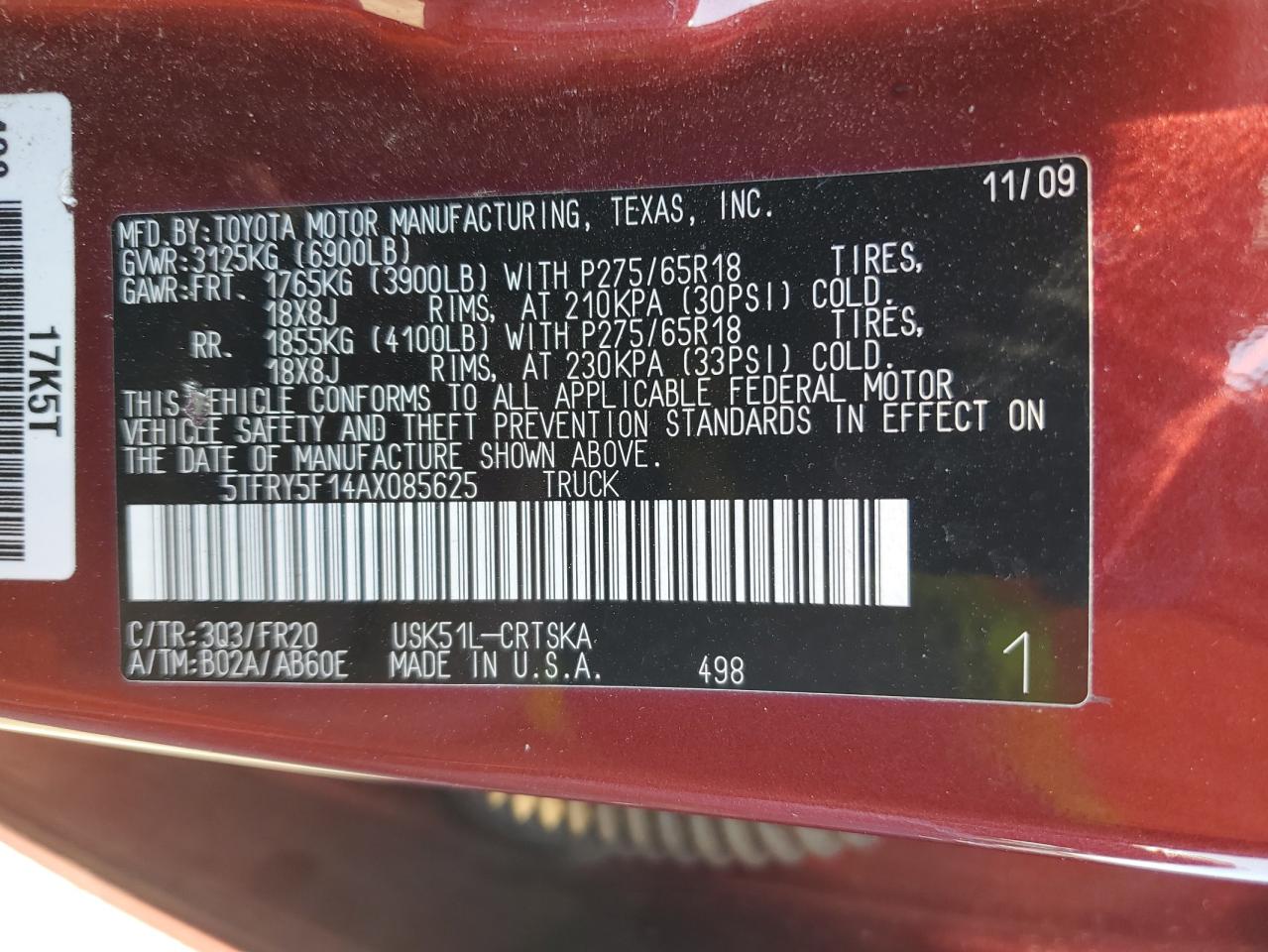 2010 Toyota Tundra VIN 5TFRY5F14AX085625 Copart auction photo, top/roof / minor dent/scratches damage thumbnail 12