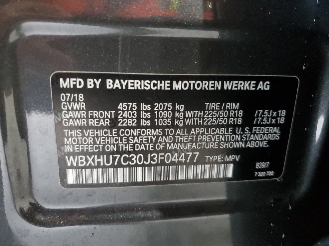 2018 BMW X1 VIN WBXHU7C30J3F04477 Copart auction photo, front end / top/roof damage thumbnail 15