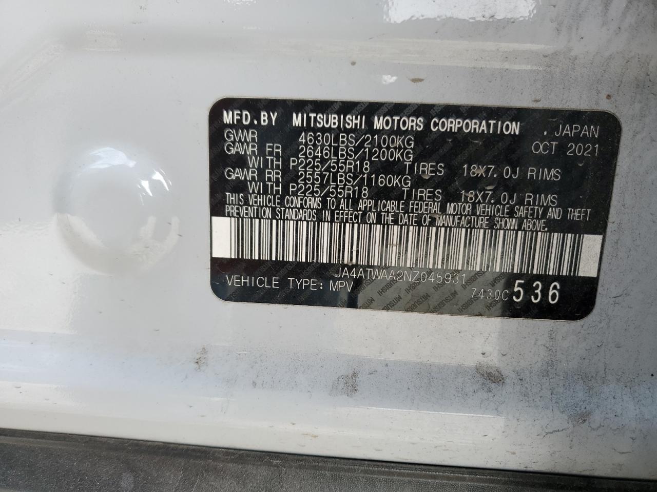 2022 Mitsubishi Eclipse VIN JA4ATWAA2NZ045931 Copart auction photo, front end damage thumbnail 14