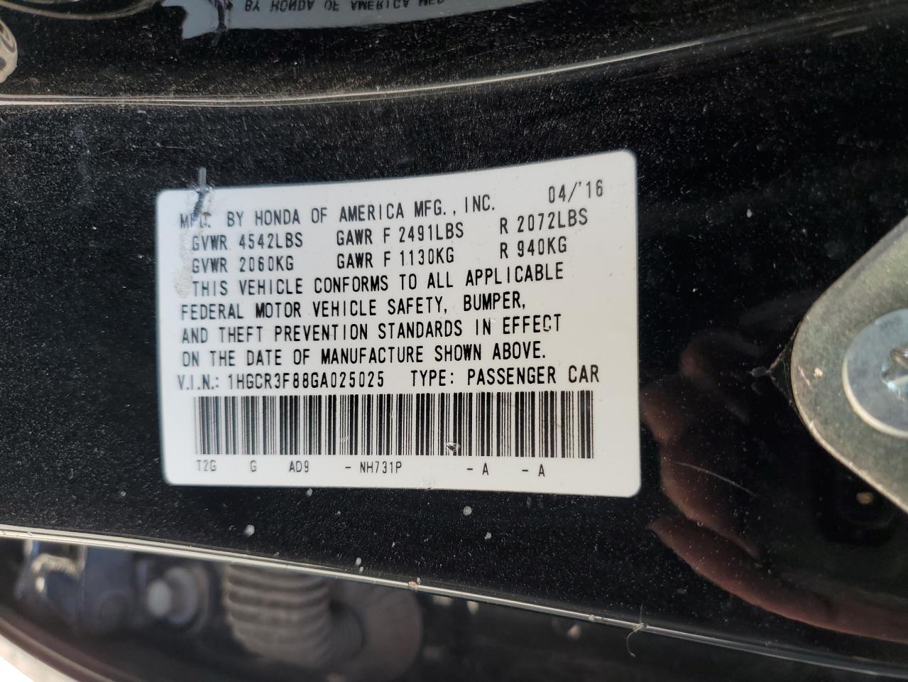 2016 Honda Accord VIN 1HGCR3F88GA025025 Copart auction photo, rollover damage thumbnail 14