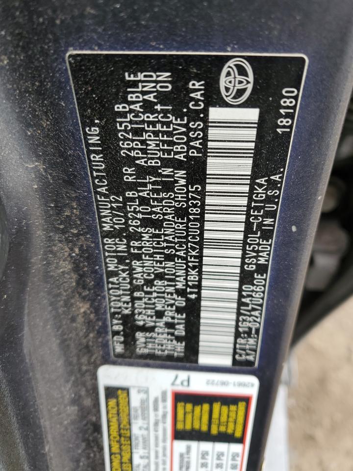 2012 Toyota Camry VIN 4T1BK1FK7CU018375 Copart auction photo, front end damage thumbnail 12