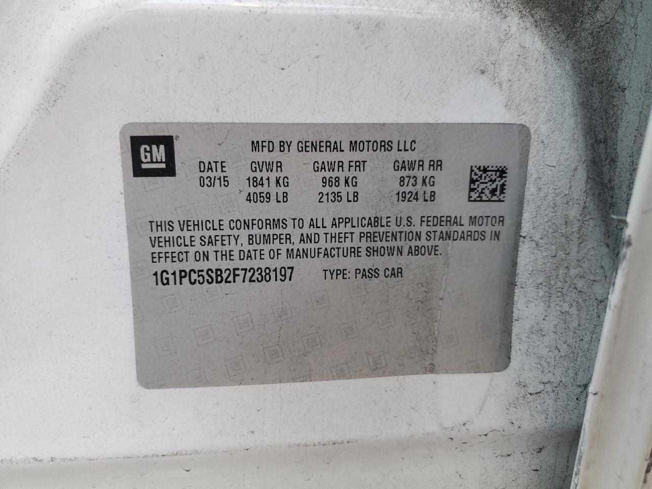 2015 Chevrolet Cruze VIN 1G1PC5SB2F7238197 Copart auction photo, side damage thumbnail 12