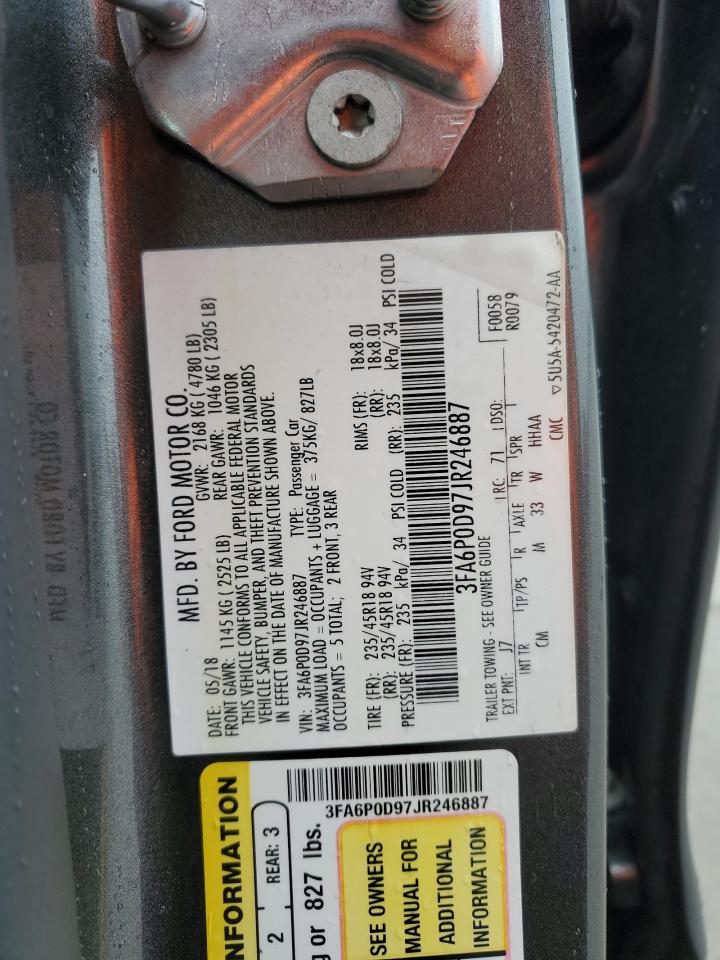 2018 Ford Fusion VIN 3FA6P0D97JR246887 Copart auction photo, minor dent/scratches damage thumbnail 12