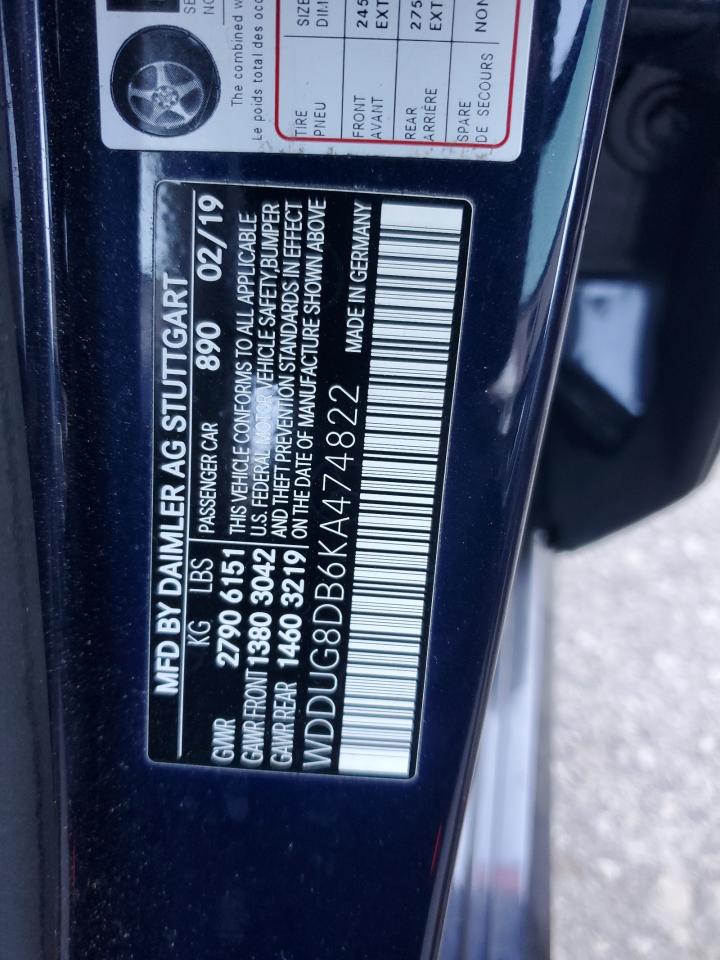 2019 Mercedes-Benz S-klasse VIN WDDUG8DB6KA474822 Copart auction photo, front end damage thumbnail 12
