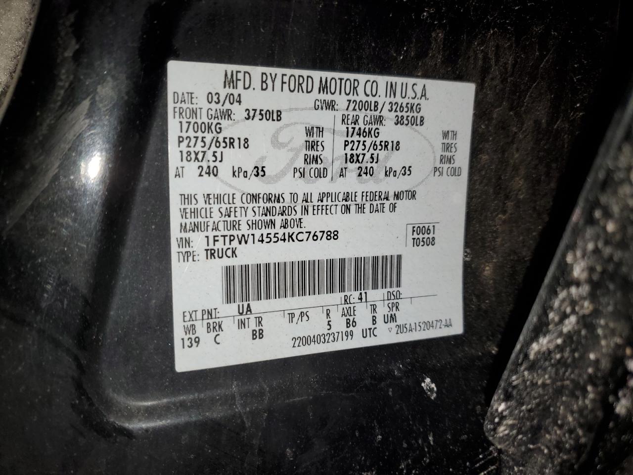 2004 Ford F-150 VIN 1FTPW14554KC76788 Copart auction photo, front end / side damage thumbnail 12