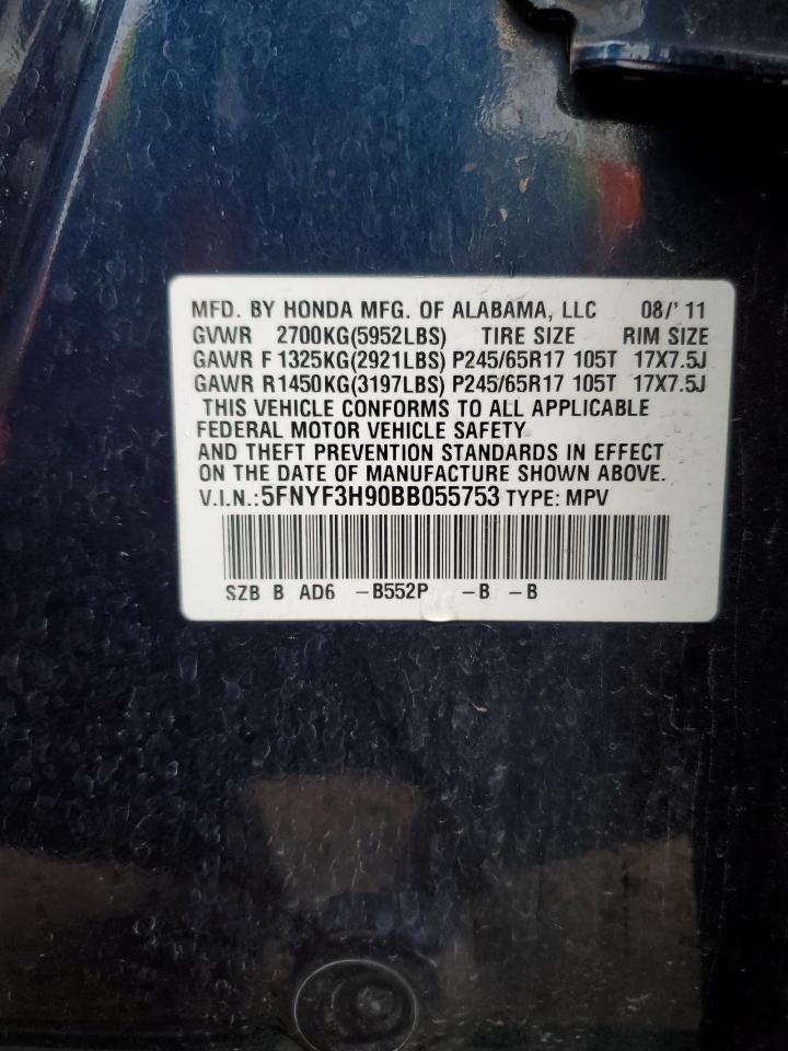2011 Honda Pilot VIN 5FNYF3H90BB055753 Copart auction photo, front end / side damage thumbnail 13