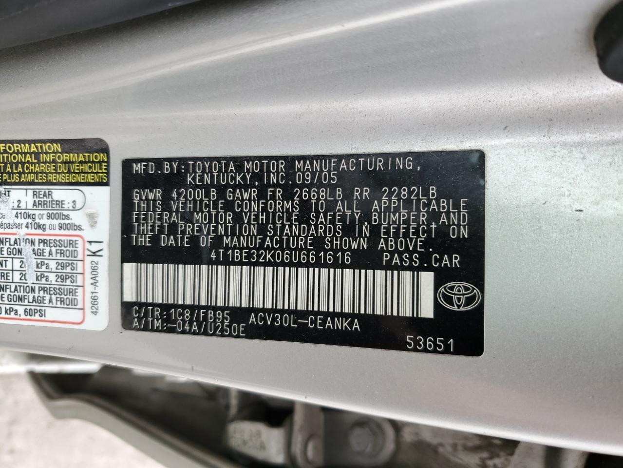 2006 Toyota Camry VIN 4T1BE32K06U661616 Copart auction photo, front end damage thumbnail 12
