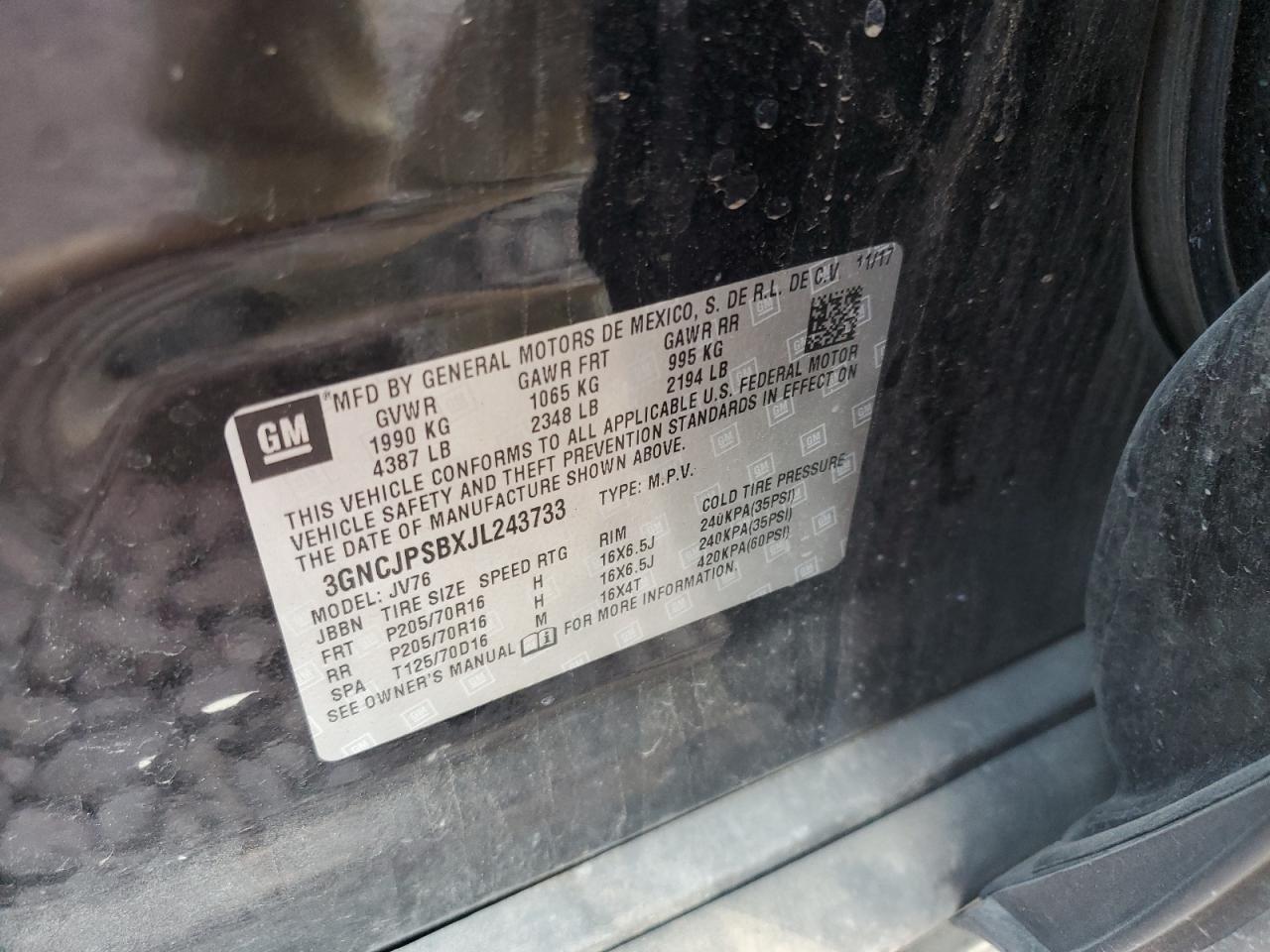 2018 Chevrolet Trax VIN 3GNCJPSBXJL243733 Copart auction photo, side / rear end damage thumbnail 14
