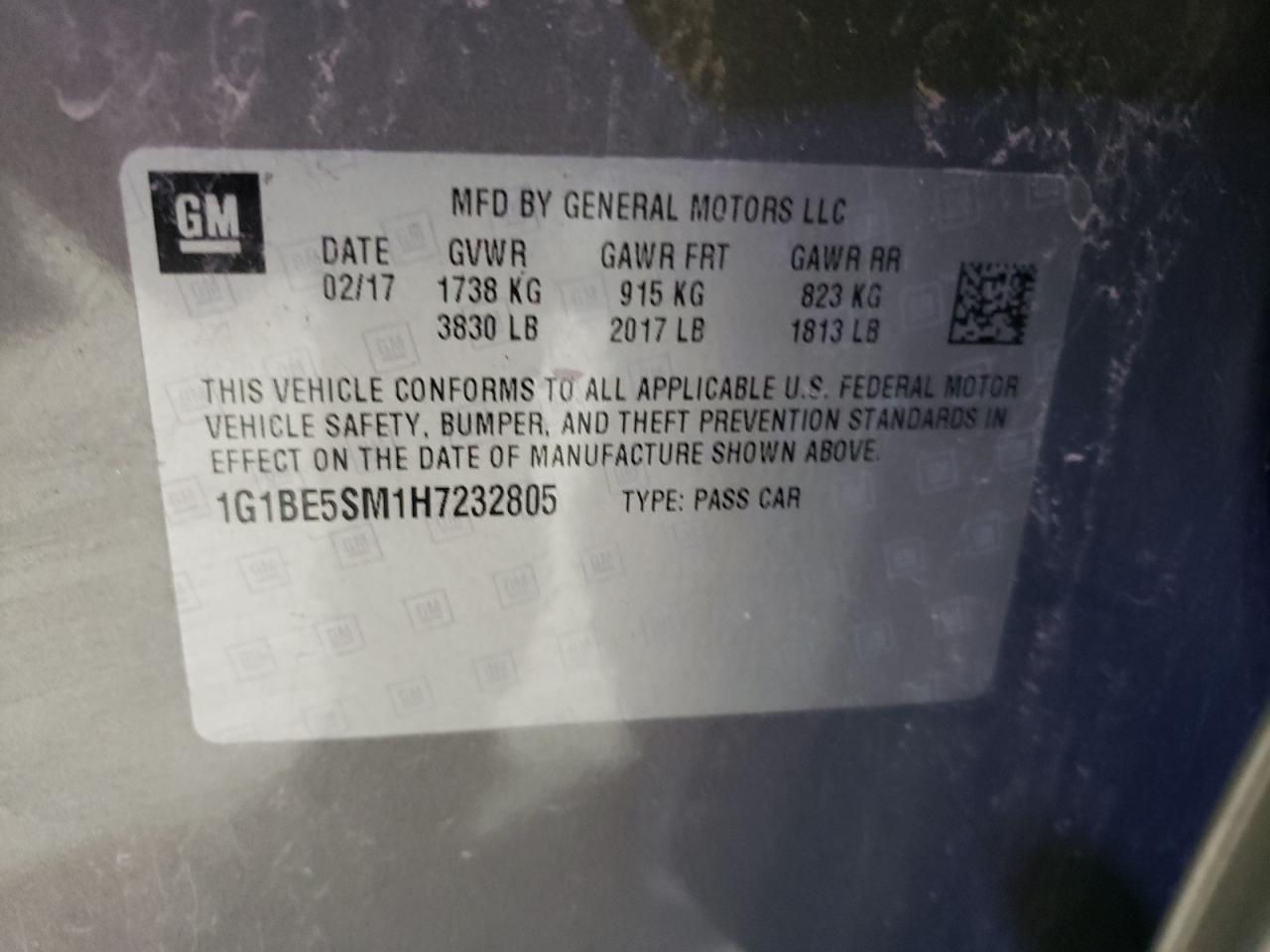 2017 Chevrolet Cruze VIN 1G1BE5SM1H7232805 Copart auction photo, front end / side damage thumbnail 12