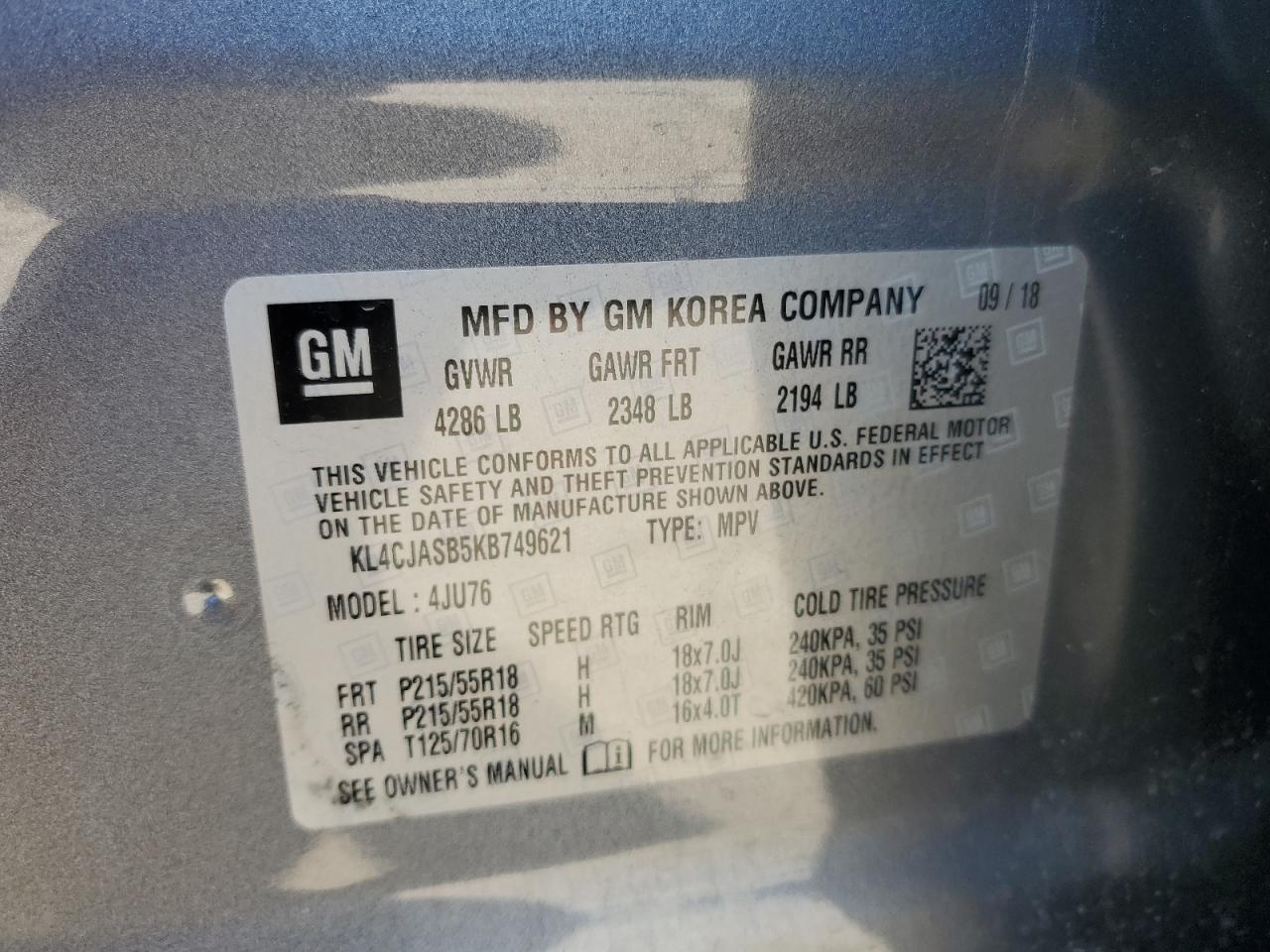 2019 Buick Encore VIN KL4CJASB5KB749621 Copart auction photo, side damage thumbnail 13
