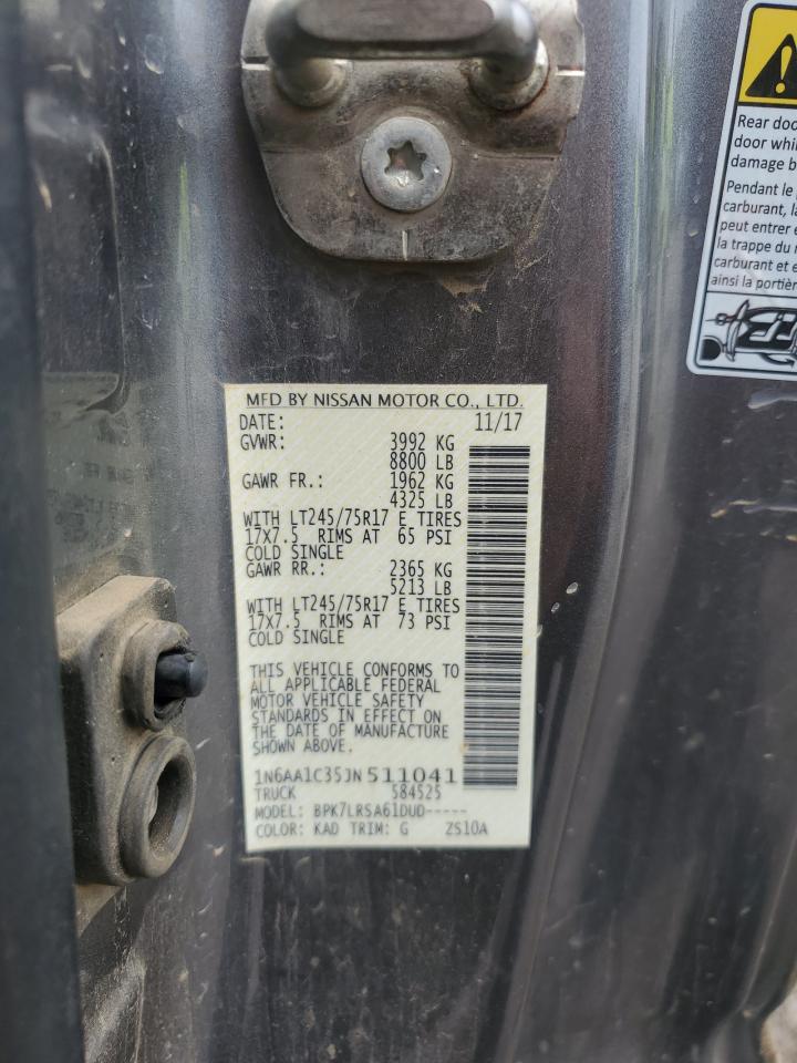 2018 Nissan Titan VIN 1N6AA1C35JN511041 Copart auction photo, rear end / side damage thumbnail 12