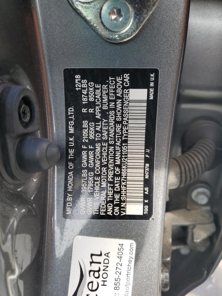 2019 Honda Civic VIN SHHFK7H66KU211051 Copart auction photo, rear end damage thumbnail 16